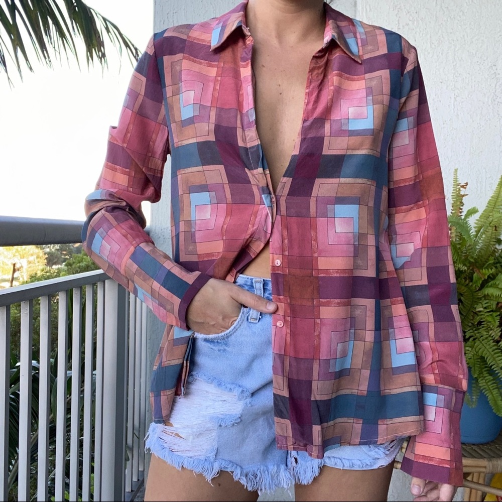 Ecru Pink Funky Square Block Geometric Shape Silk Blouse!